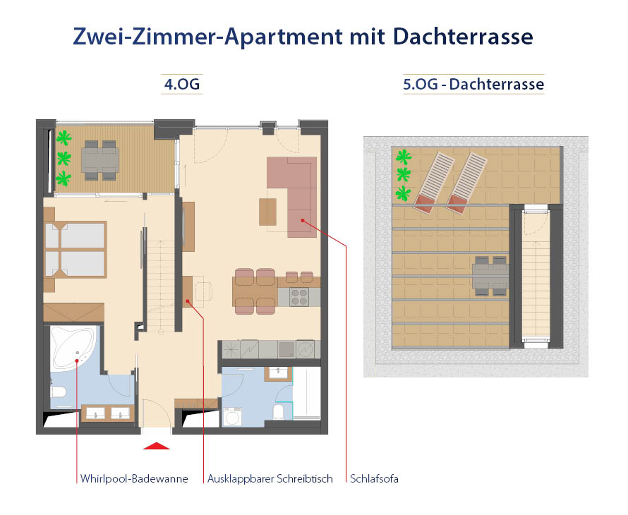 Grundriss 2-Zimmer Apartment mit Dachterrasse