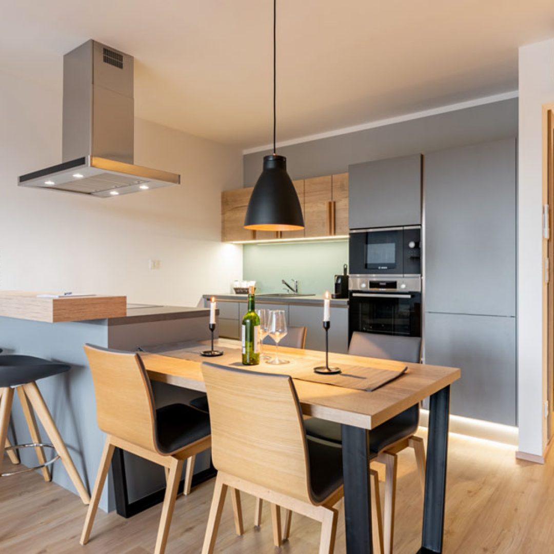 2-Zimmer Apartment Blick auf Esstisch und Küche