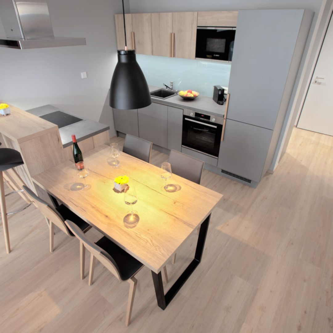 2-Zimmer apartment Blick auf Küche und Esstisch